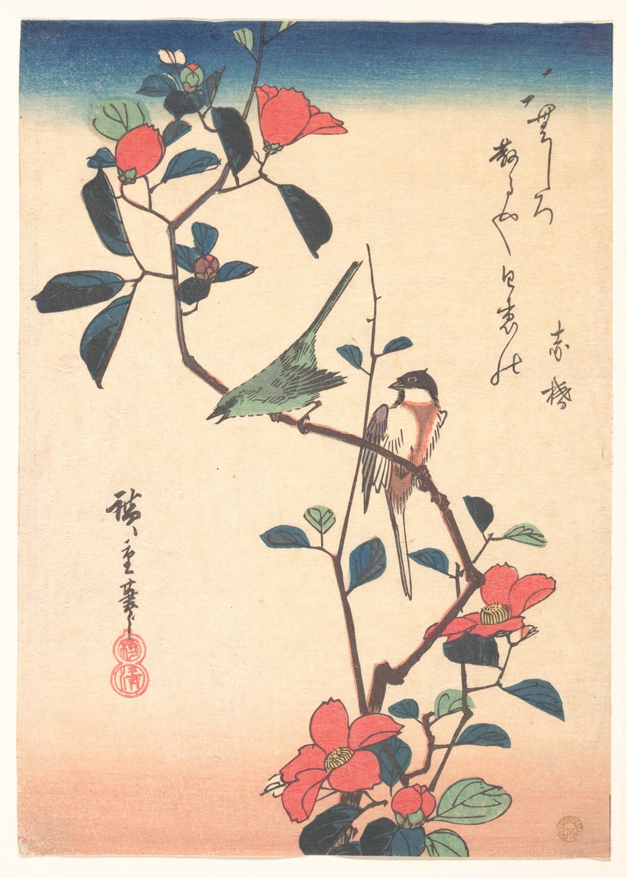 Japanische Weißaugen und Meise auf einem Kamelienzweig von Utagawa Hiroshige