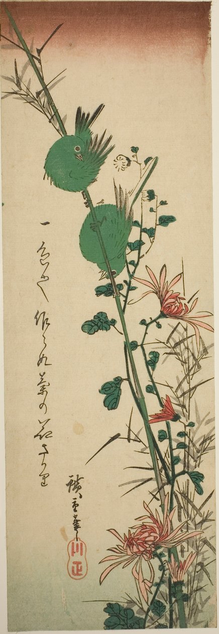 Japanische Weißaugen und Chrysanthemen von Utagawa Hiroshige