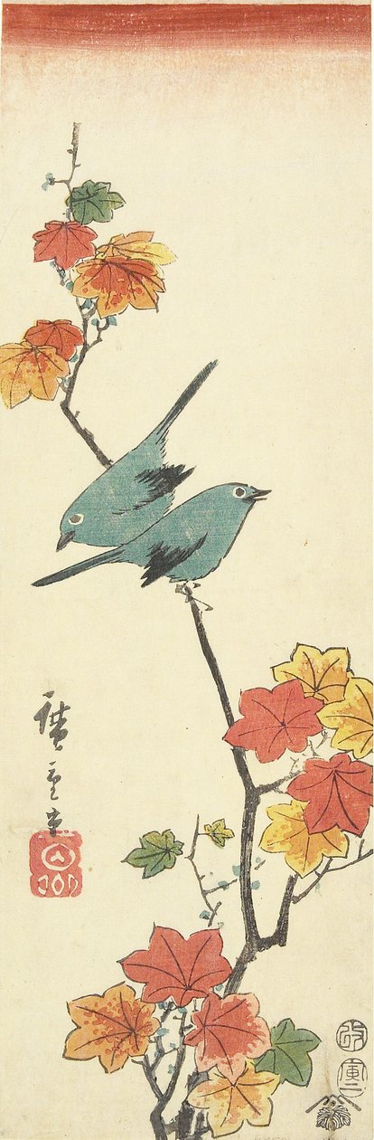 Japanische Weißaugen auf einem Ahornzweig, 1854 von Utagawa Hiroshige