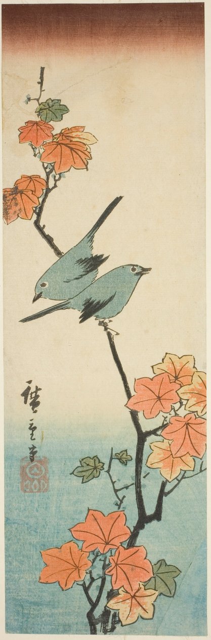 Japanische Weißaugen auf einem Ahornzweig von Utagawa Hiroshige