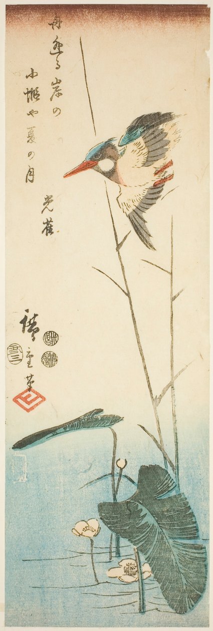 Eisvogel über einer gelbblühenden Wasserpflanze von Utagawa Hiroshige