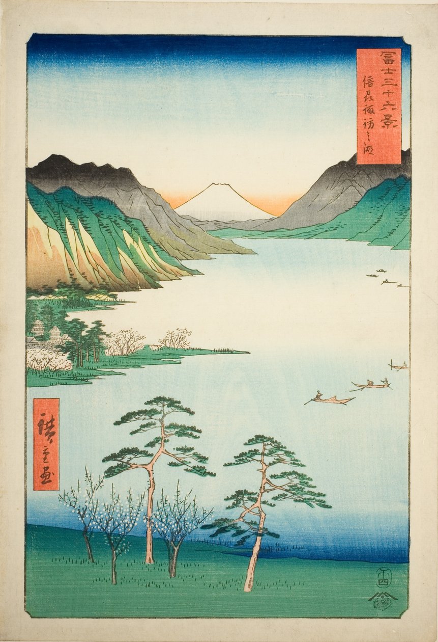 Der Suwa-See in der Provinz Shinano (Shinshu Suwa no mizuumi), aus der Serie "Sechsunddreißig Ansichten des Berges Fuji (Fuji sanjurokkei)" von Utagawa Hiroshige