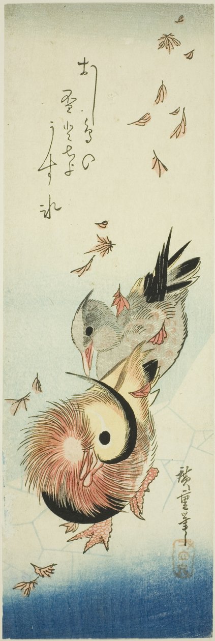 Mandarinenten überqueren einen vereisten Teich zwischen fallenden Blättern von Utagawa Hiroshige