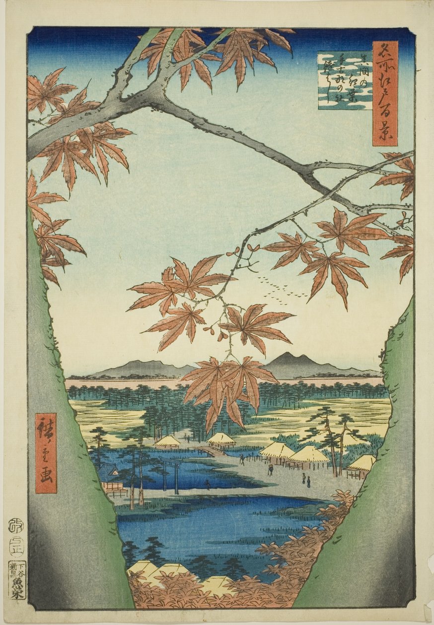 Ahornbäume bei Mama, Tekona-Schrein und Tsugi-Brücke (Mama no momiji, Tekona no yashiro, Tsugihashi), aus der Serie "Hundert berühmte Ansichten von Edo (Meisho Edo hyakkei)" von Utagawa Hiroshige