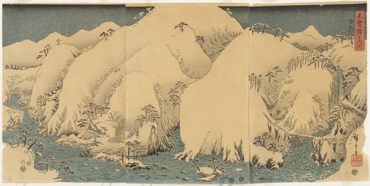 Berg und Fluss am Kiso-Pass, August 1857 von Utagawa Hiroshige
