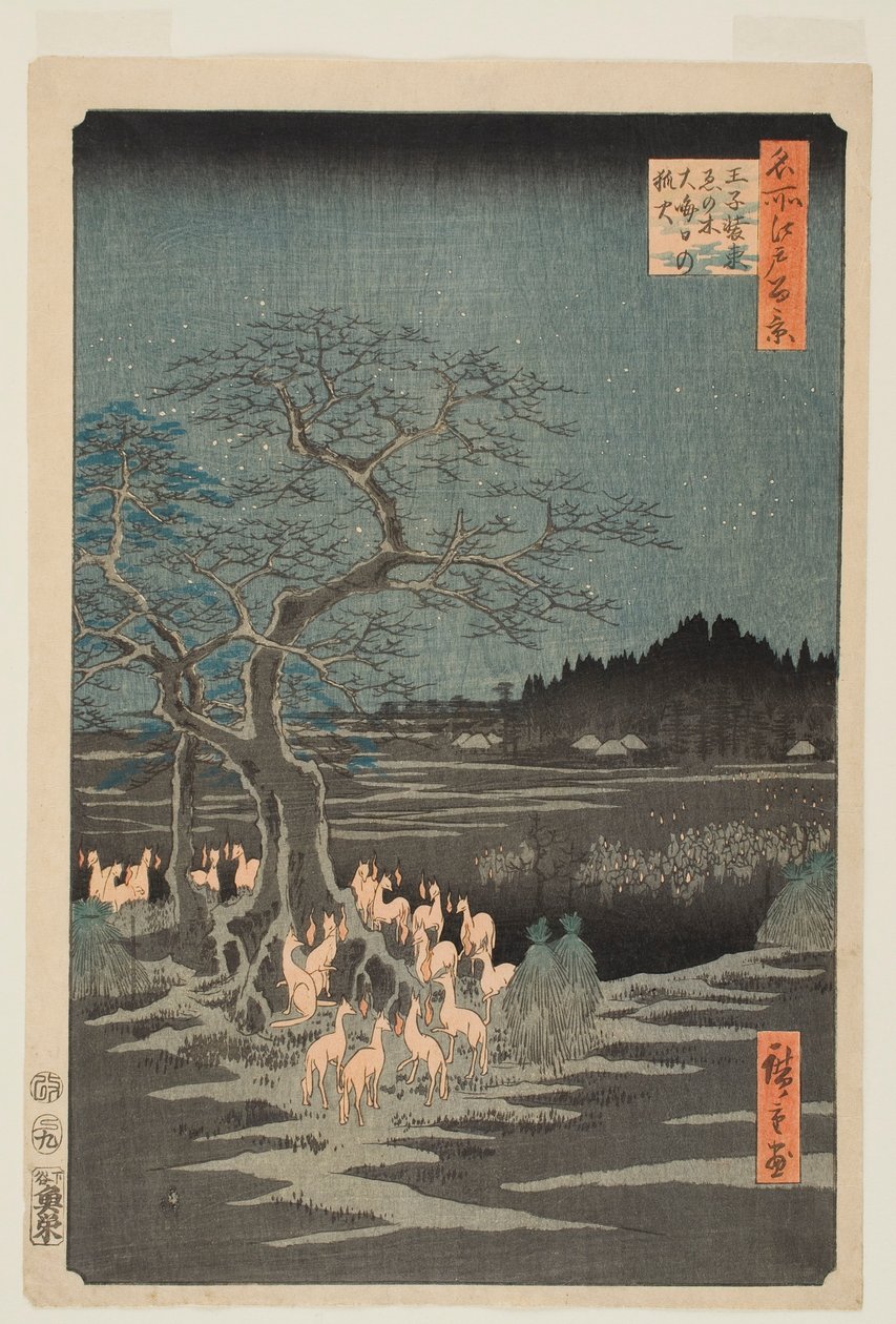 Silvester-Füchse am Wandelbaum, Ōji, aus der Serie "Hundert berühmte Ansichten von Edo" von Utagawa Hiroshige