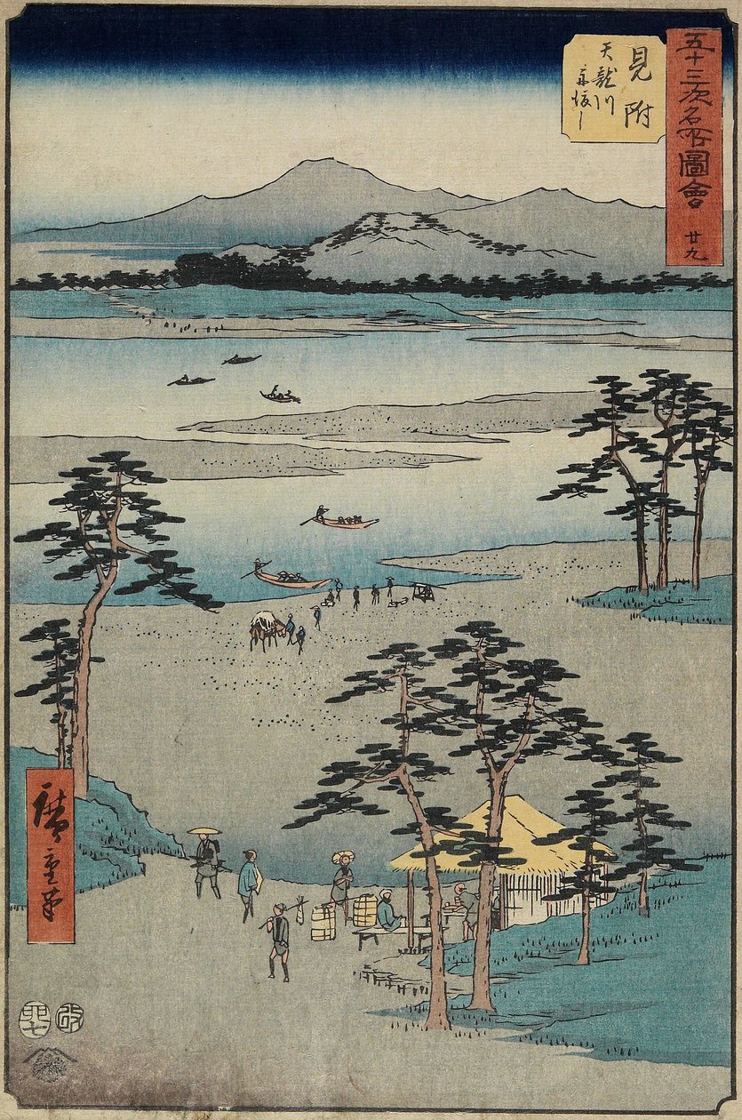 Nr. 29 Fähre auf dem Tenryu-Fluss, Mitsuke, Juli 1855 von Utagawa Hiroshige