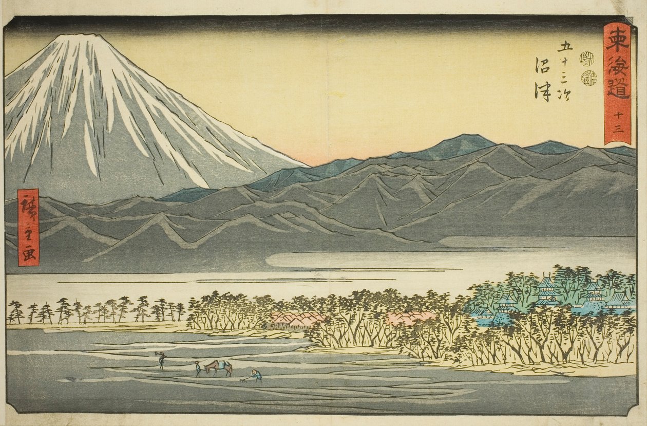 Numazu—Nr. 13, aus der Serie "Dreiundfünfzig Stationen des Tokaido (Tokaido gojusan tsugi)", auch bekannt als der Reisho Tokaido von Utagawa Hiroshige