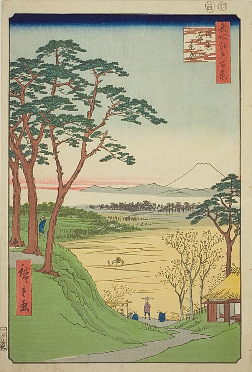 Teestube des alten Mannes, Meguro (Meguro Jijigachaya), Nr. 84 aus der Serie „Hundert berühmte Ansichten von Edo (Meisho Edo hyakkei)“ von Utagawa Hiroshige