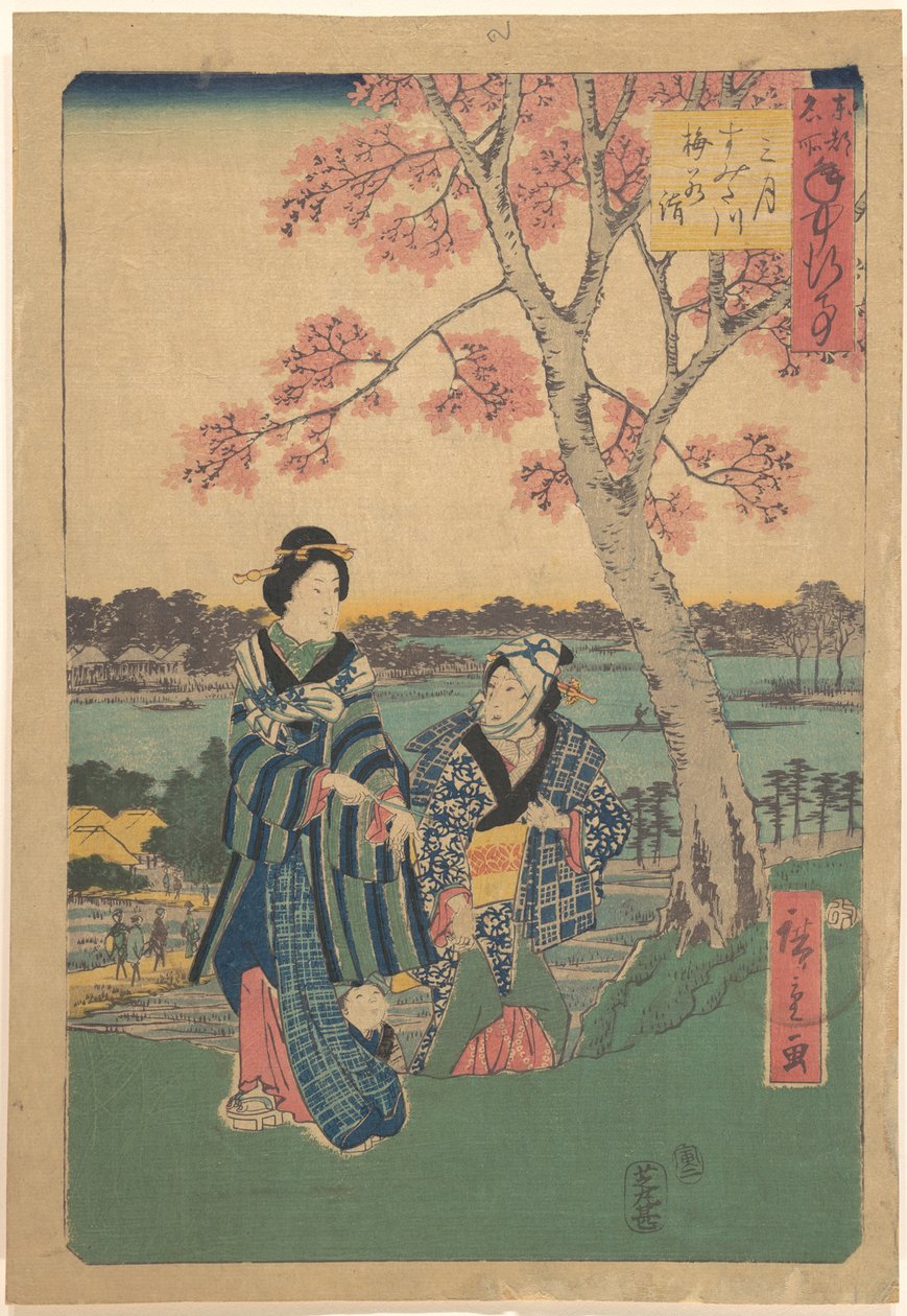 Pflaumenblütenbesichtigung im dritten Monat am Sumida-Fluss aus der Serie Jahresereignisse an berühmten Orten in der östlichen Hauptstadt von Utagawa Hiroshige