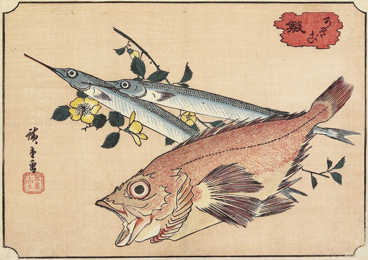 Steinfisch und Halbschnabel, frühes 19. Jahrhundert von Utagawa Hiroshige