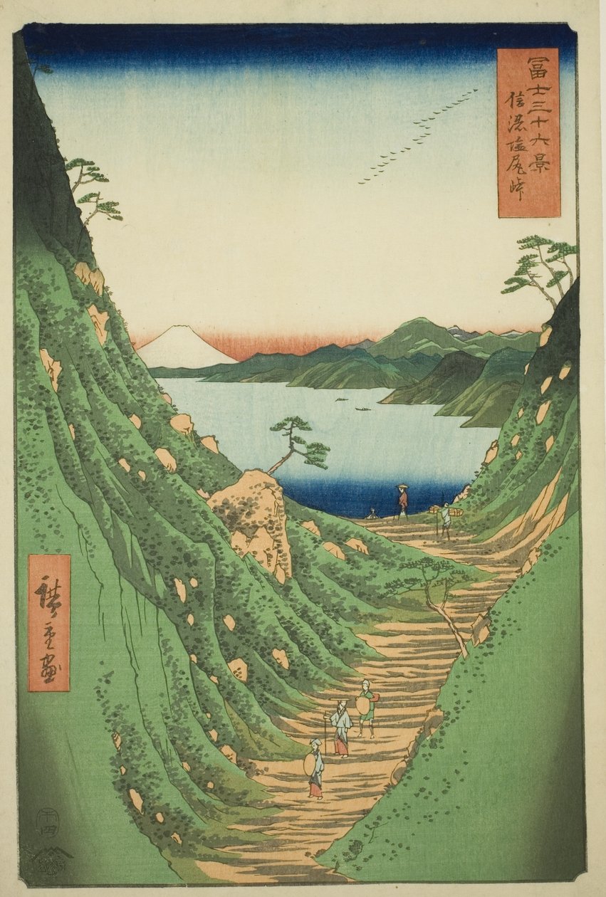 Shiojiri-Pass in der Provinz Shinano, aus der Serie "Sechsunddreißig Ansichten des Berges Fuji" von Utagawa Hiroshige