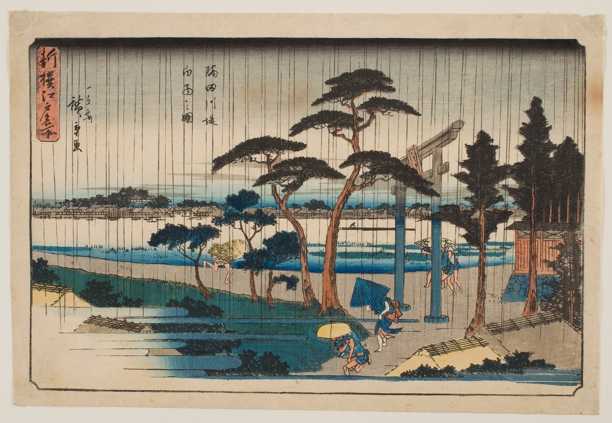 Regen auf einem Damm des Sumida-Flusses, aus der Serie „Neue Auswahl berühmter Orte in Edo“ von Utagawa Hiroshige