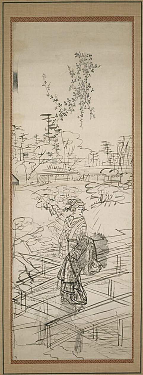 Skizze einer Frau, die eine Brücke überquert von Utagawa Hiroshige