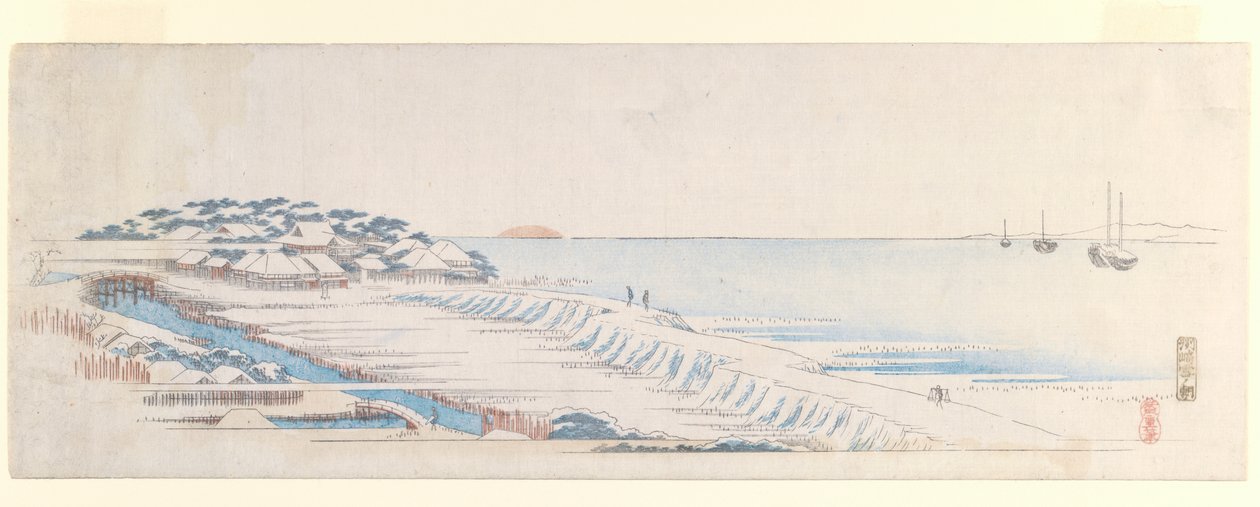 Schneemorgen in Susaki, aus dem Briefbogen-Set, ca. 1839-40 von Utagawa Hiroshige