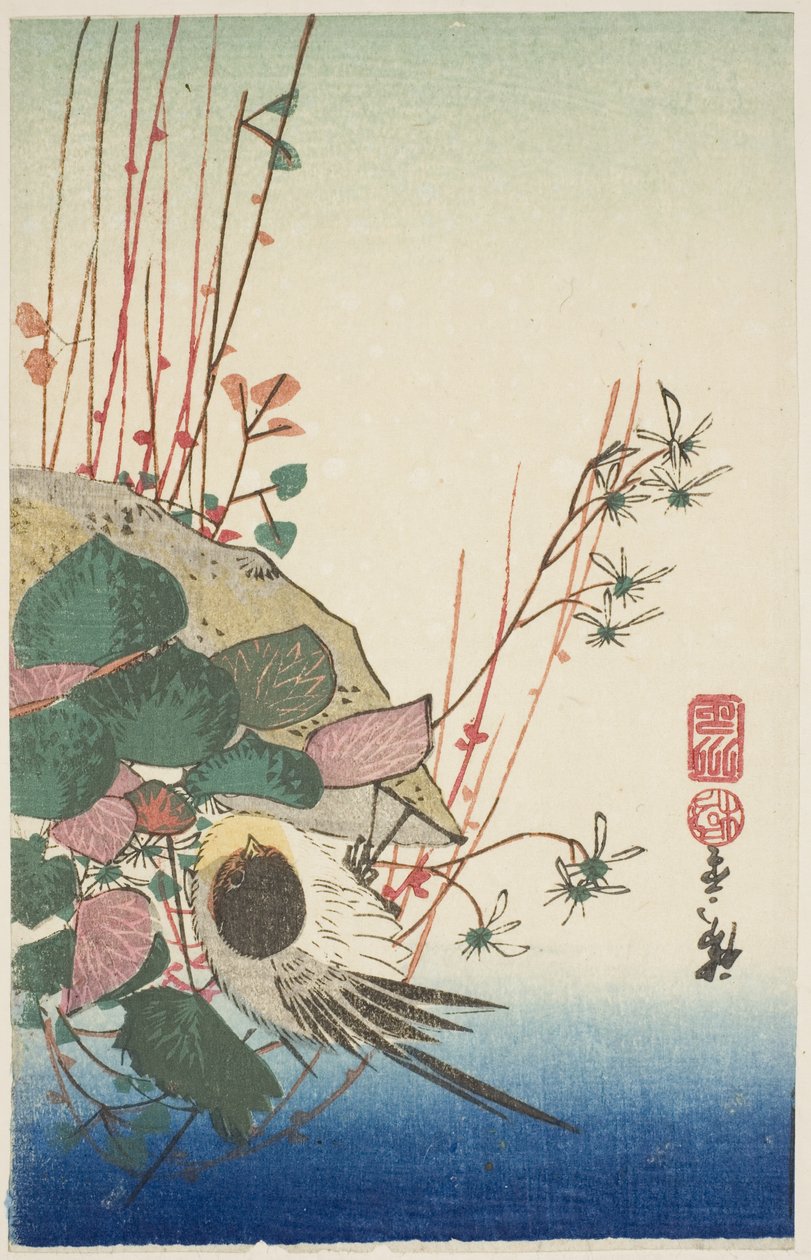 Spatz auf einem hängenden Pflanzgefäß von Utagawa Hiroshige