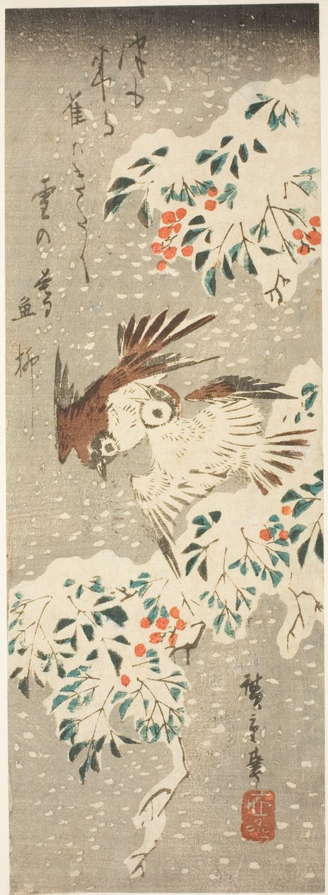 Spatzen flattern um schneebedeckte Nandina, während mehr Schnee fällt von Utagawa Hiroshige