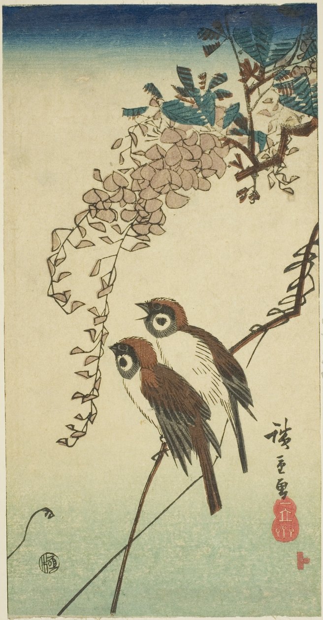 Spatzen und Glyzinien von Utagawa Hiroshige