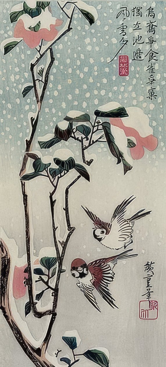 Sperlinge und Kamelien im Schnee von Utagawa Hiroshige