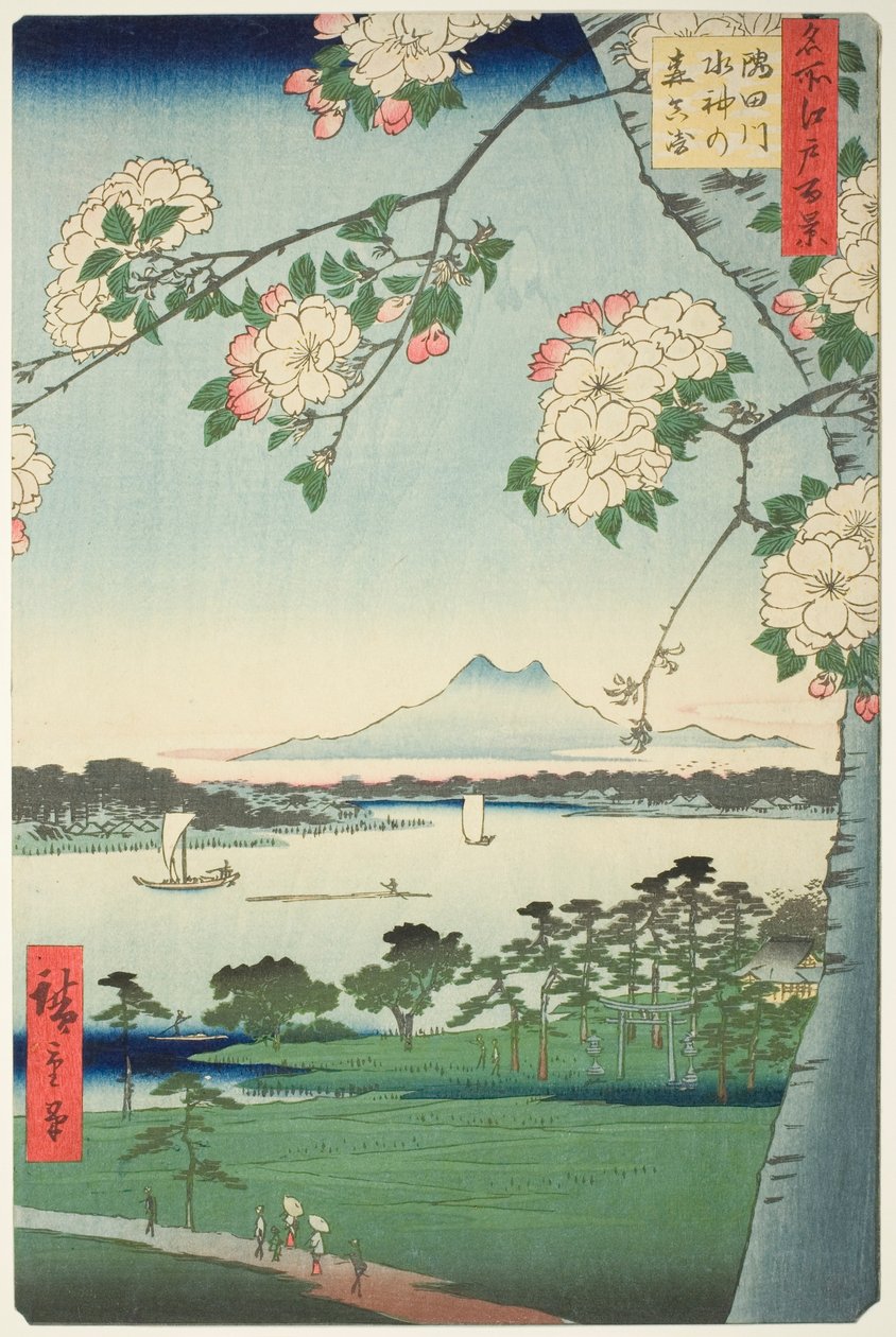 Suijin-Schrein und Massaki am Sumida-Fluss, aus der Serie „Hundert berühmte Ansichten von Edo“ von Utagawa Hiroshige