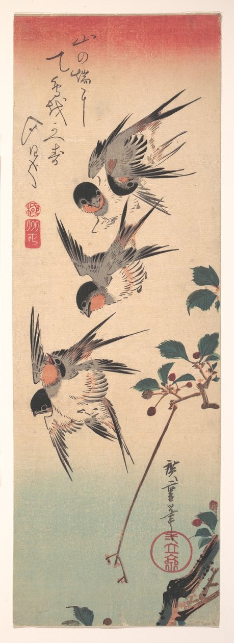 Schwalben und blühende Wildkirsche von Utagawa Hiroshige