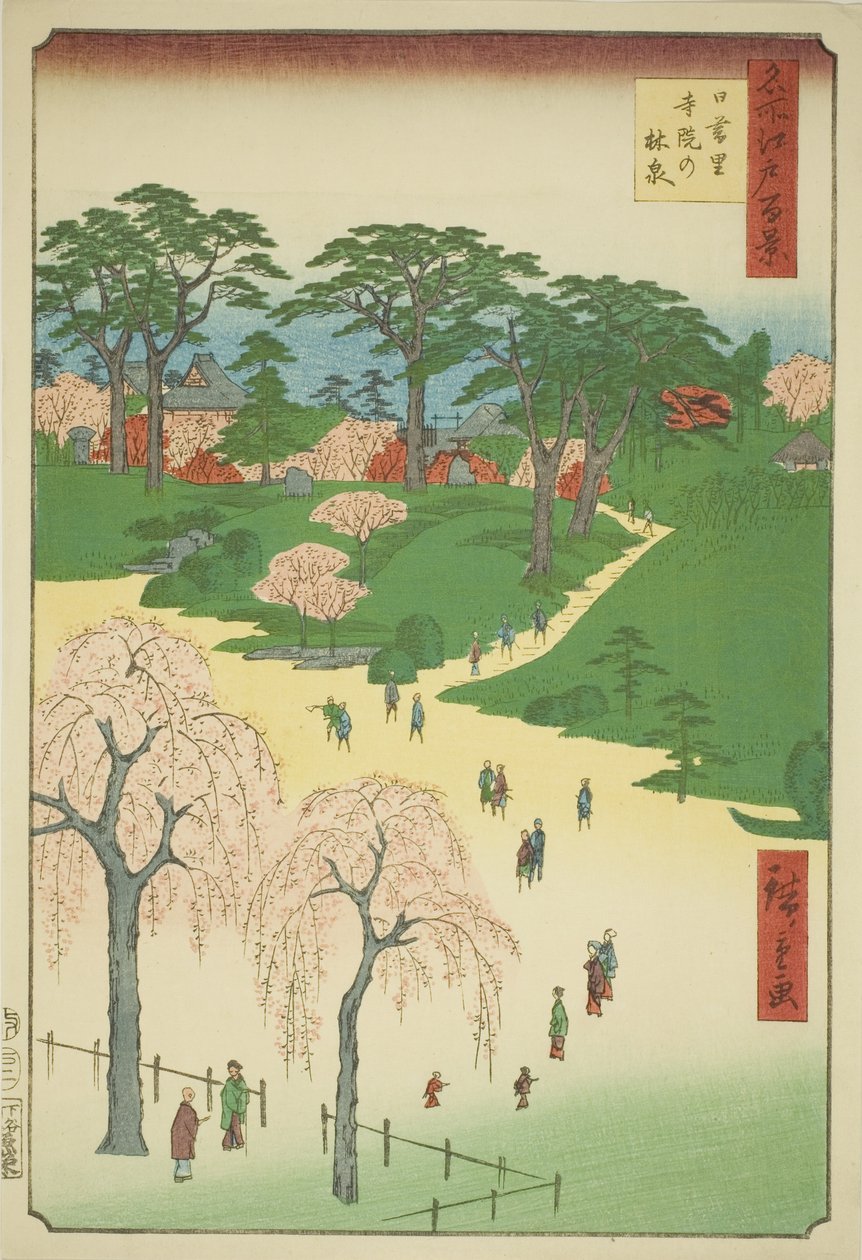 Tempelgärten in Nippori (Nippori jiin no rinsen), aus der Serie "Hundert berühmte Ansichten von Edo (Meisho Edo hyakkei)" von Utagawa Hiroshige