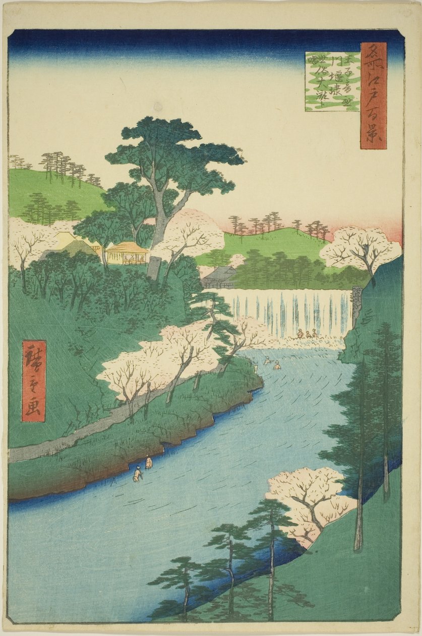 Der Damm am Otonashi-Fluss in Oji, allgemein genannt "Der große Wasserfall", aus der Serie "Hundert berühmte Ansichten von Edo" von Utagawa Hiroshige