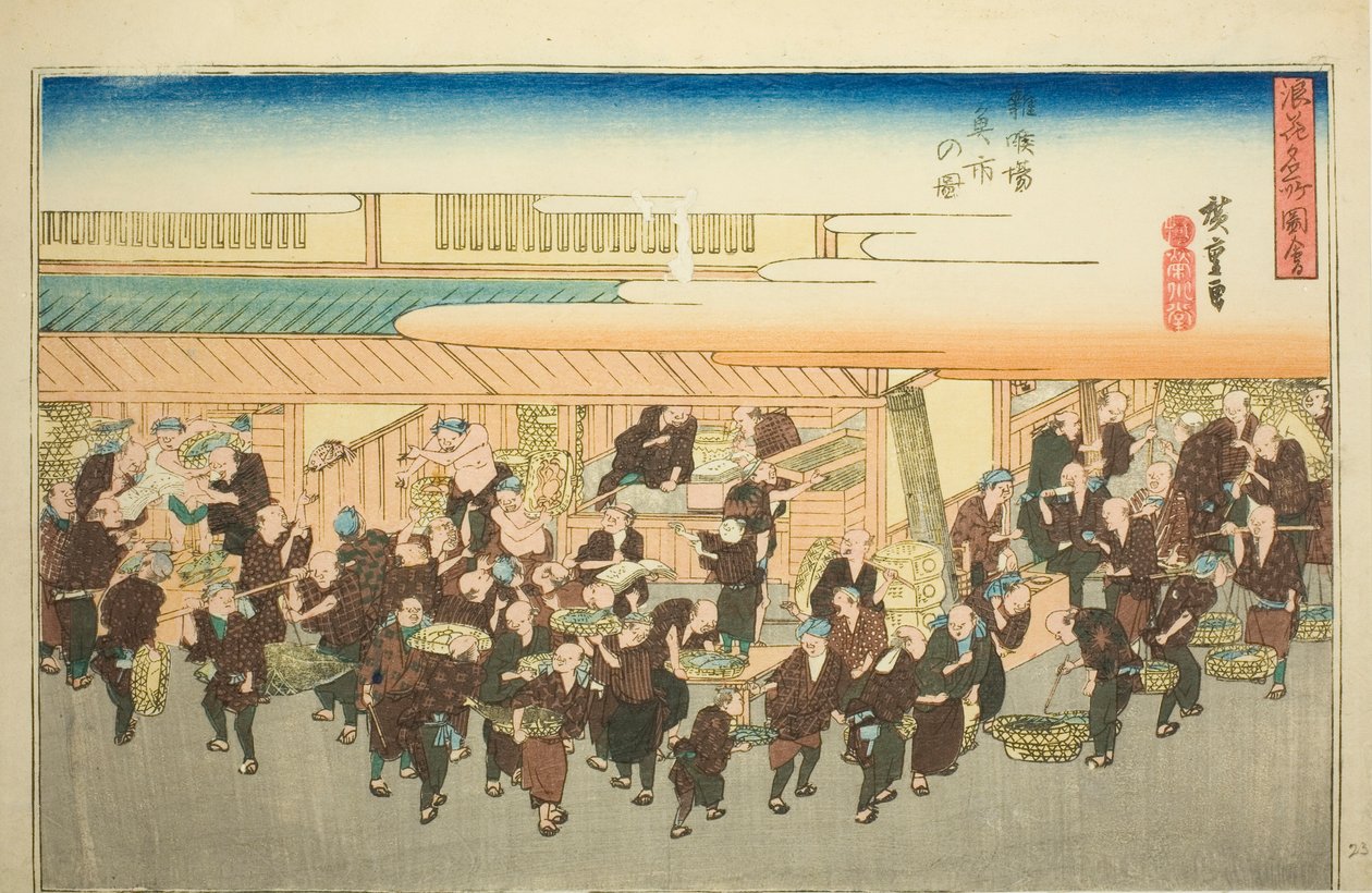 Der Fischmarkt in Zakoba (Zakoba uoichi no zu), aus der Serie "Berühmte Ansichten von Osaka (Naniwa meisho zue)" von Utagawa Hiroshige