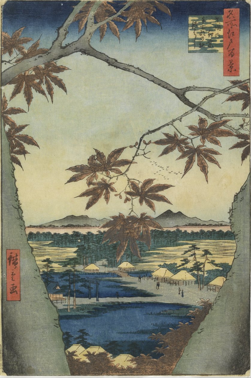 Die Ahornblätter von Mama, Tekona-Schrein und Tsugi-Brücke von Utagawa Hiroshige