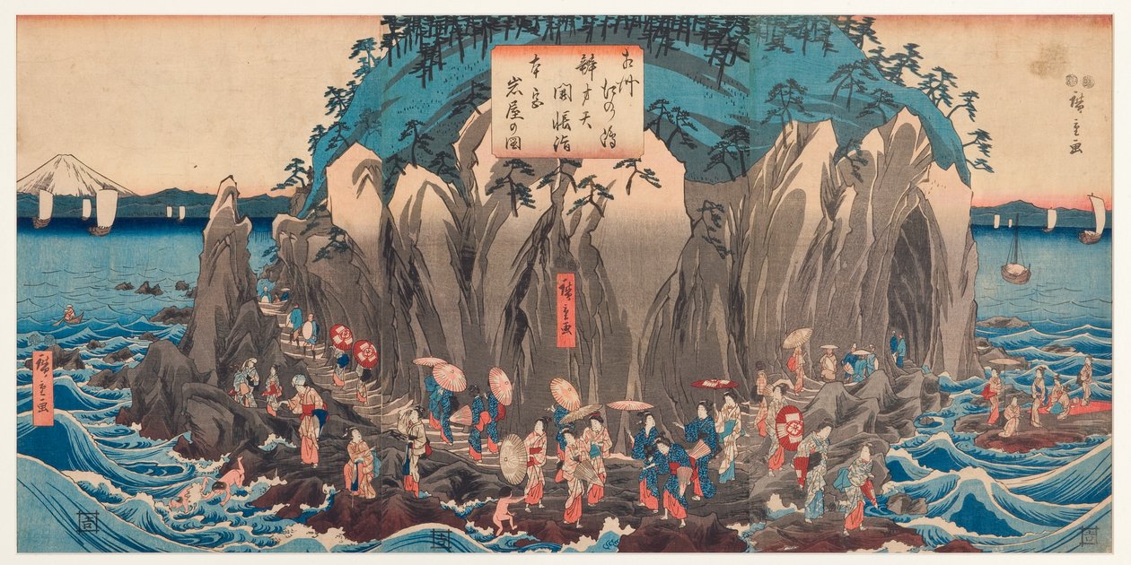 Ansicht einer Pilgerreise zur Höhle und zum Schrein von Benzaiten in Enoshima, Sagami, ca. 1850-51 von Utagawa Hiroshige
