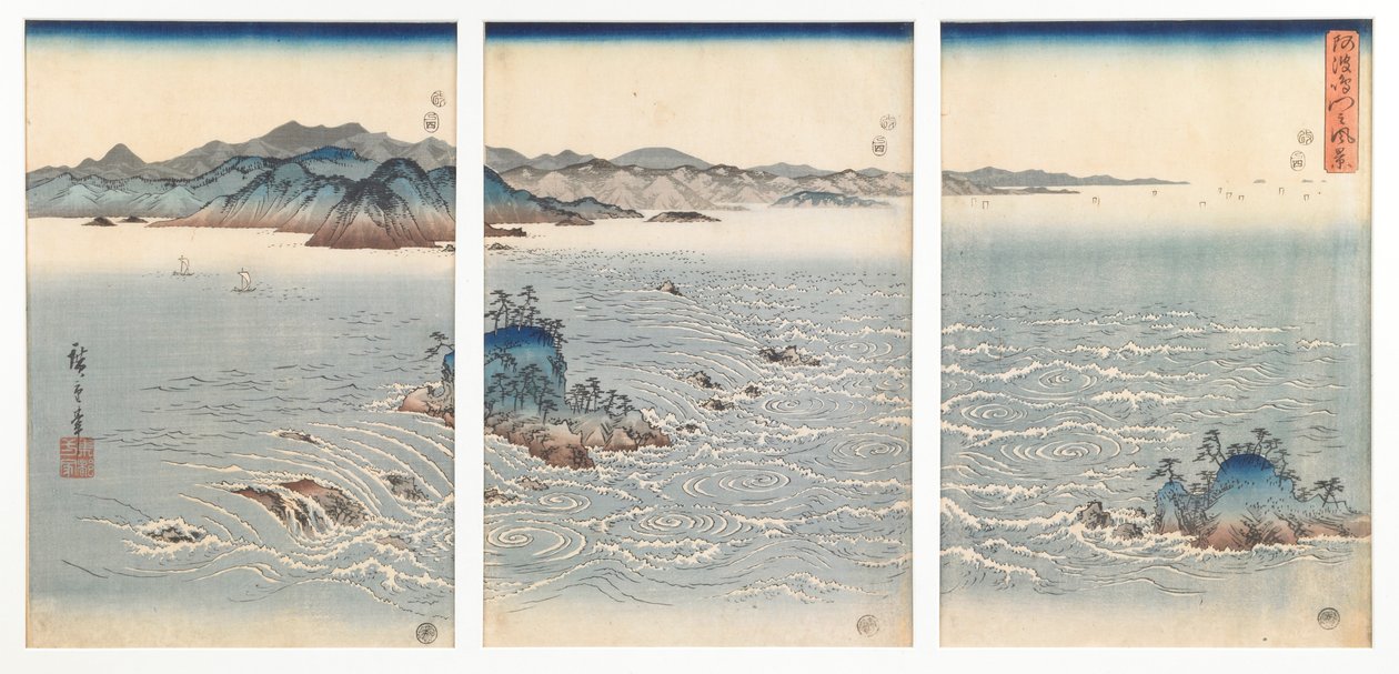 Ansicht der Strudel bei Awa, aus einer unbetitelten Serie von drei Triptychen von Utagawa Hiroshige