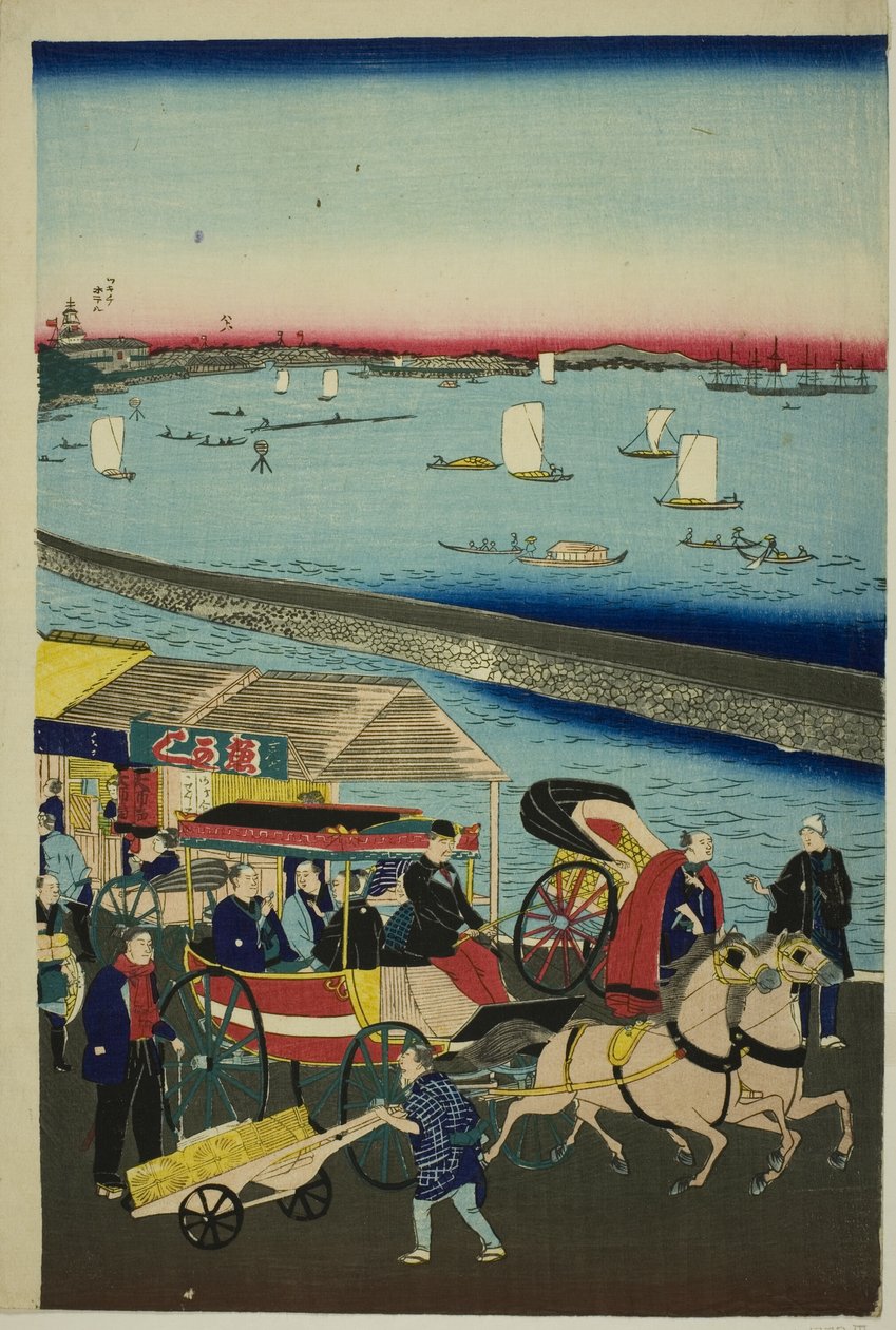 Bild der Dampflokbahn in Yatsuyama, Tokio (Tokyo Yatsuyama shita kaigan jokisha tetsudo no zu) von Utagawa Hiroshige III