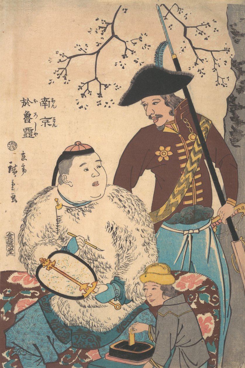 Russen und ein Chinese beschriften einen Fächer, 12. Monat, 1860 von Utagawa Hiroshige II