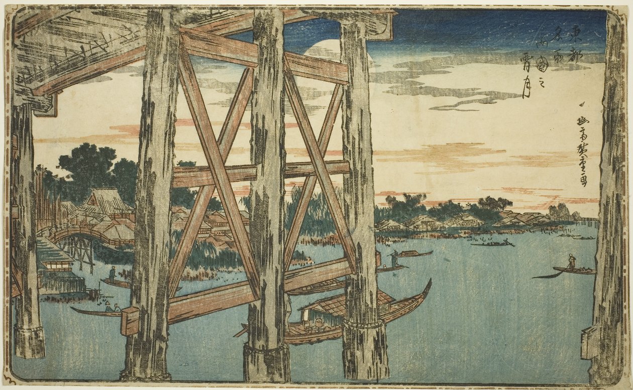 Abenddämmerung am Ryogoku-Brücke (Ryogoku no yoizuki), ca. 1831 von Utagawa I Hiroshige
