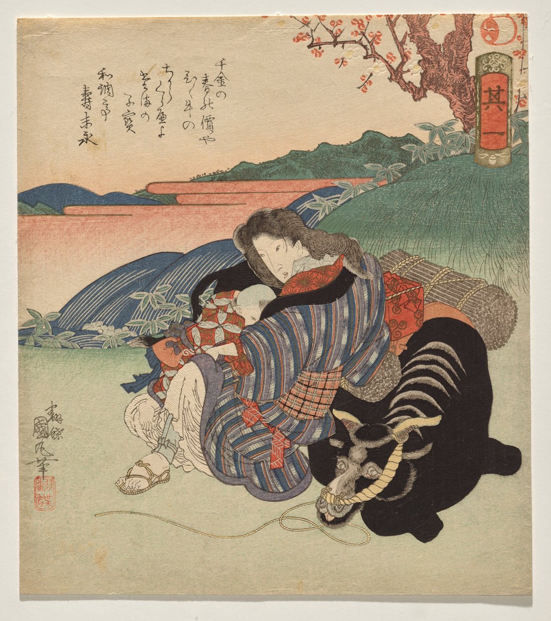 Eine Frau und ein Junge ruhen sich an einem Ochsen aus von Utagawa Kunimaru