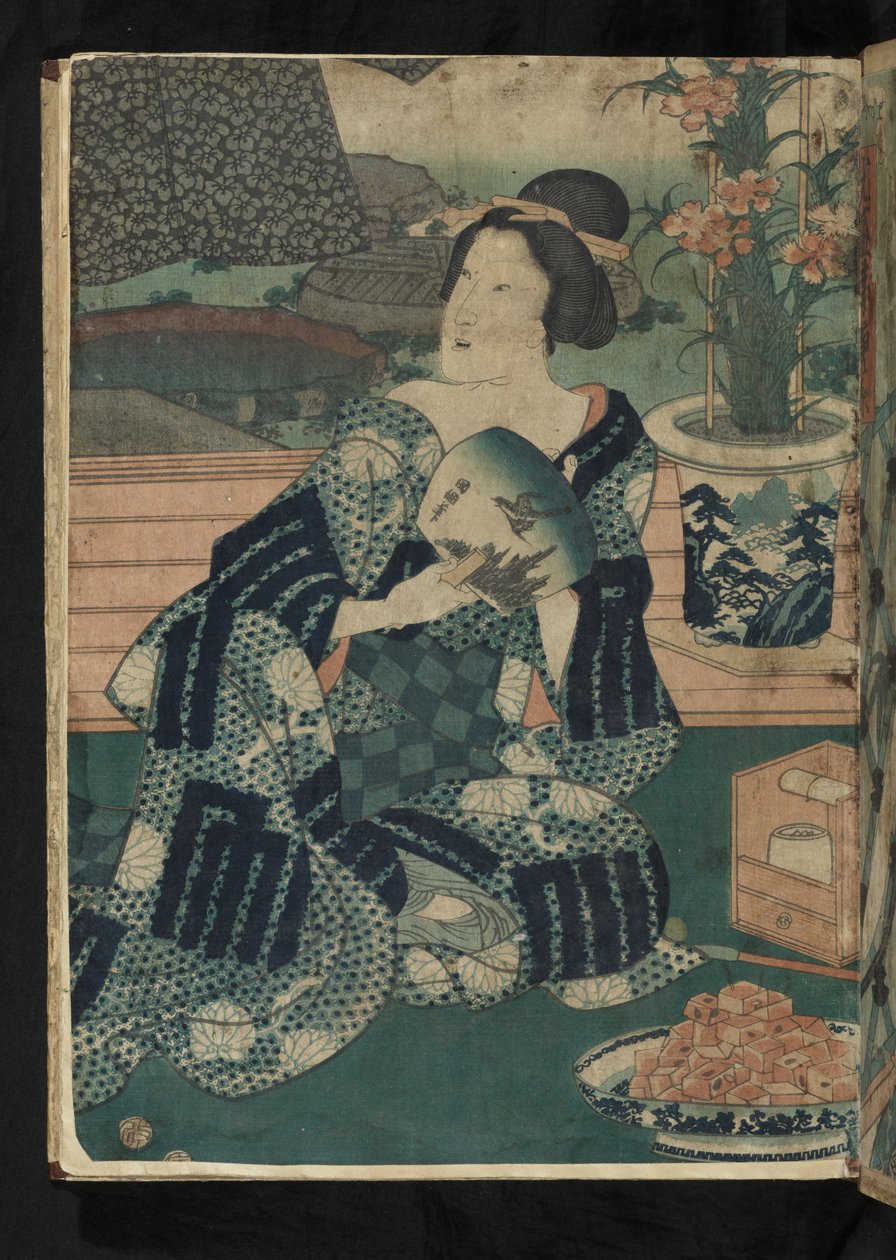Avant et après - Sitzende japanische Frau, die sich fächert aus 