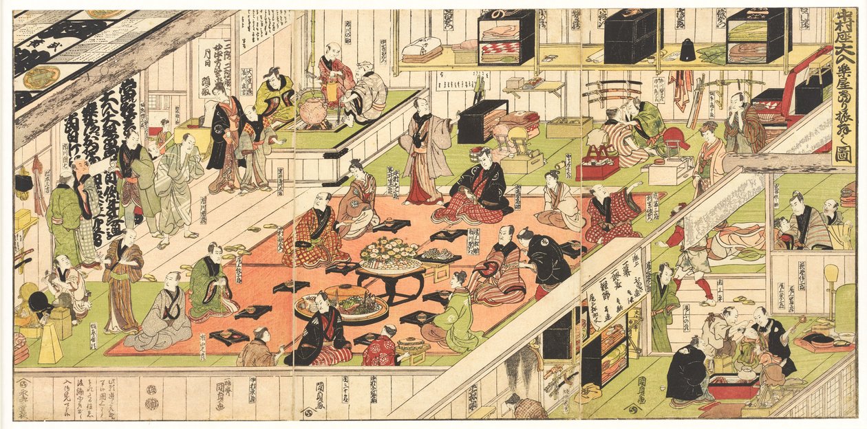 Im Kabukitheater Nakamura wird hinter den Kulissen eine ausverkaufte Vorstellung gefeiert von Utagawa Kunisada