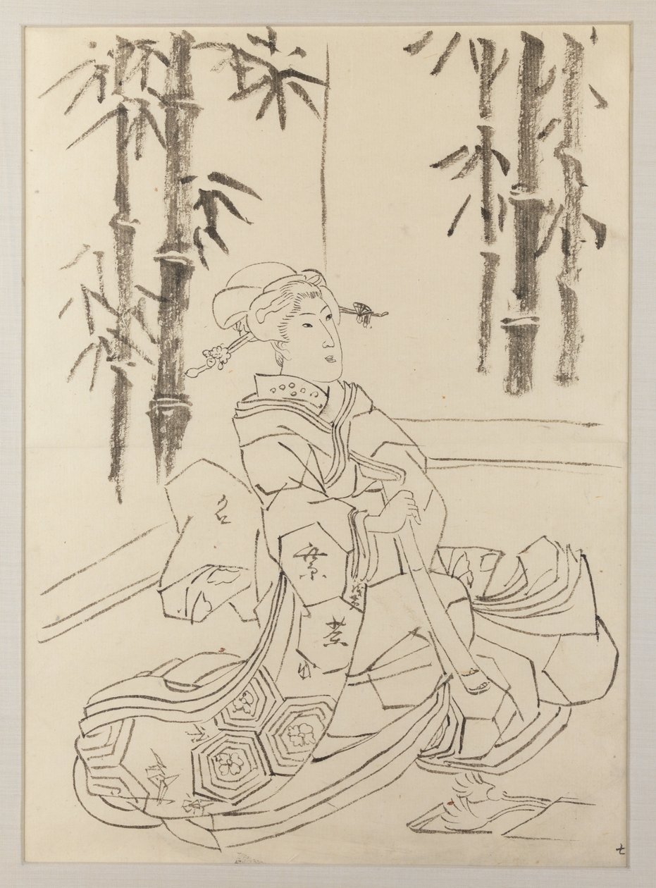 Vorbereitende Zeichnung für das linke Blatt des Triptychons Elegantes Instrumentaltrio von Mädchen von Utagawa Kunisada