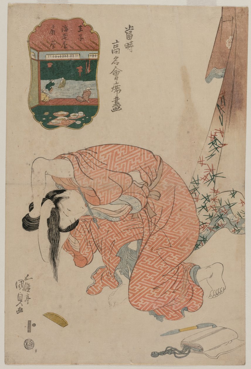 Frau, die ihr Haar bindet (aus der Serie Berühmte Restaurants der Gegenwart) von Utagawa Kunisada
