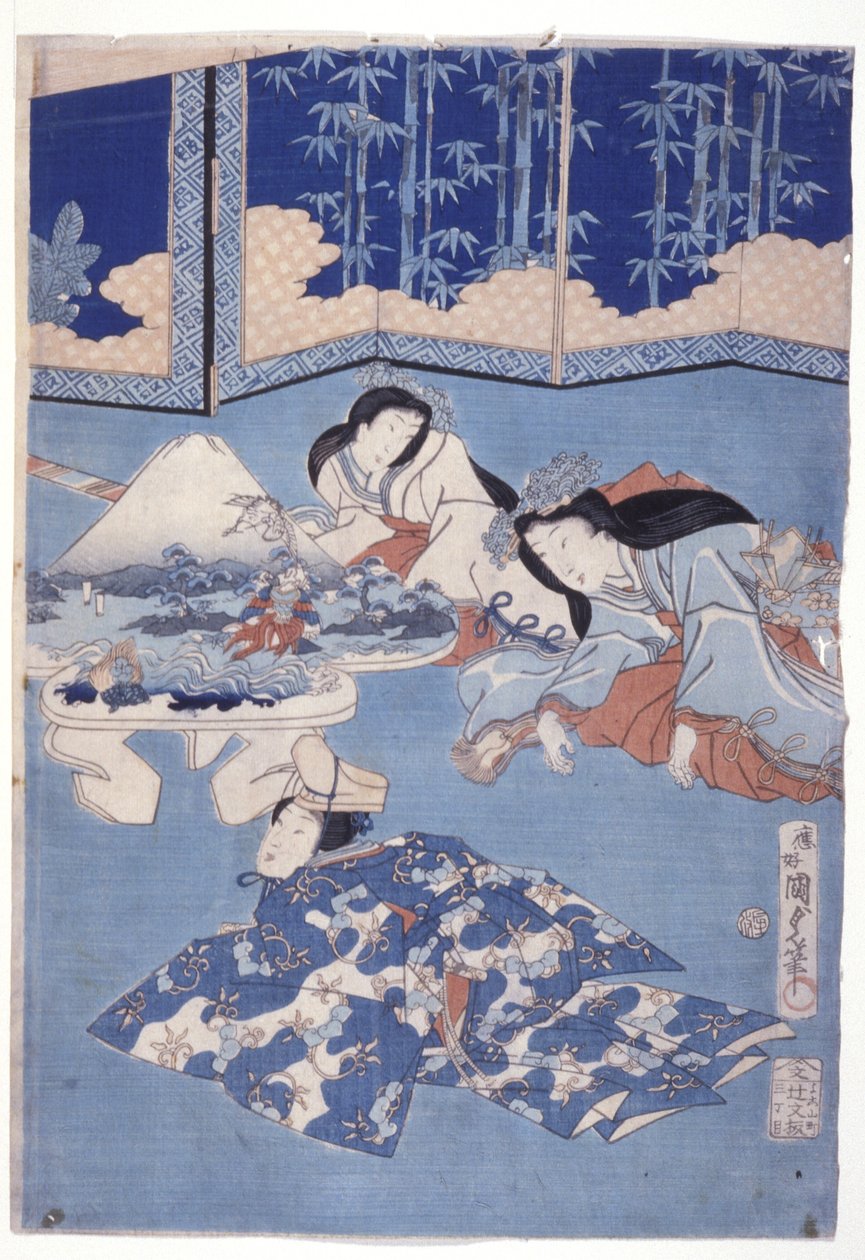 Frühling begrüßen mit einer Blumenversammlung (Hana Soroi Haru no Taimen) von Utagawa Kunisada II