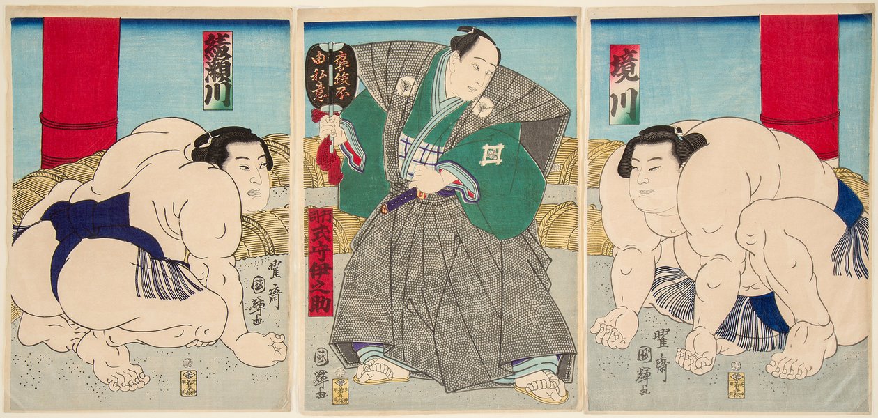 Kampf der Sumo-Ringer Shakaigawa und Ayasemawa von Utagawa Kuniteru