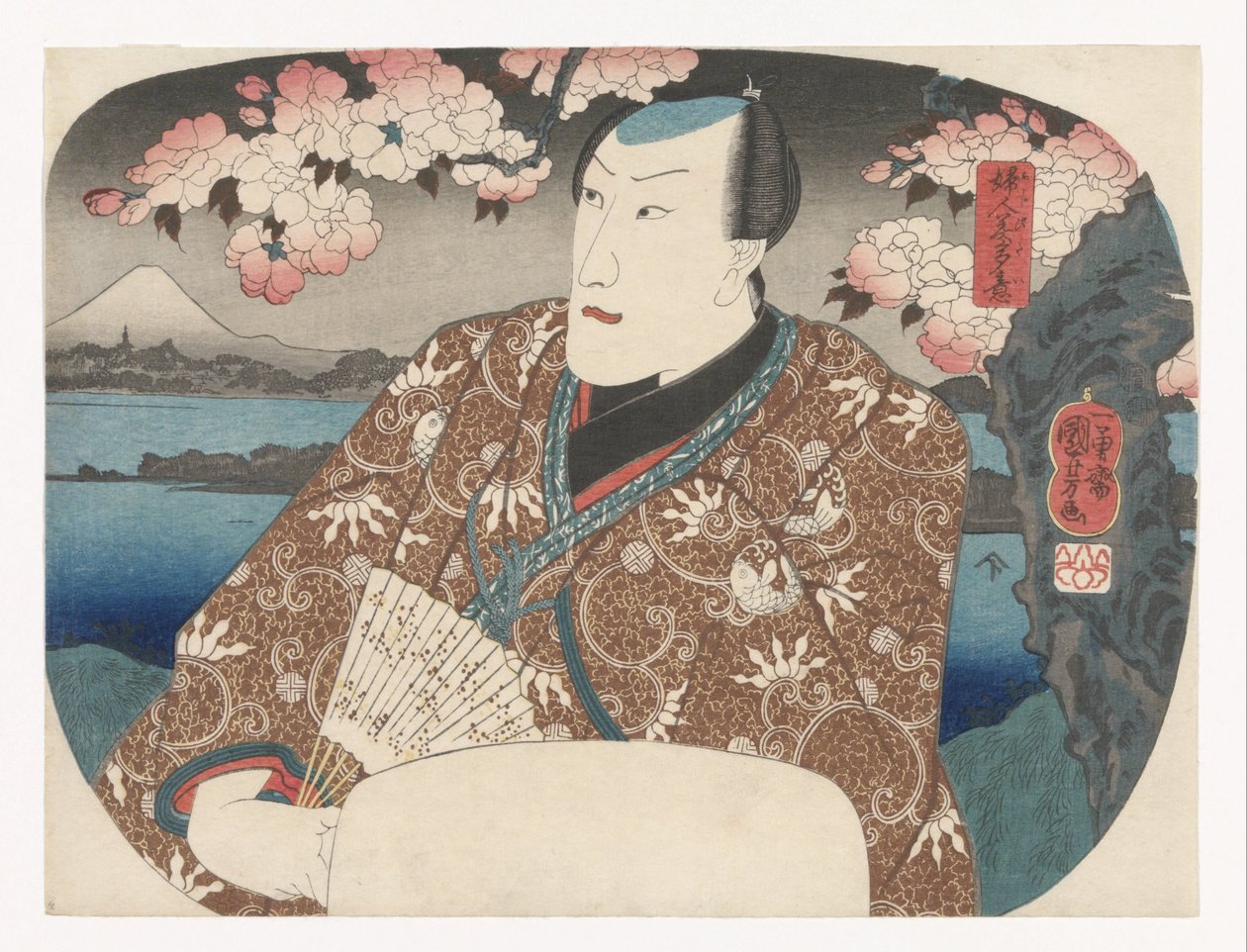 Schauspieler mit Fächer unter Kirschblüten von Utagawa Kuniyoshi
