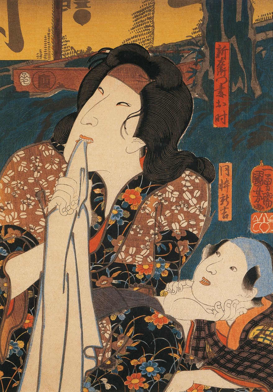 Schauspieler in nachdenklicher Pose neben einem Kind, von Utagawa Kuniyoshi, Holzschnitt von Utagawa Kuniyoshi