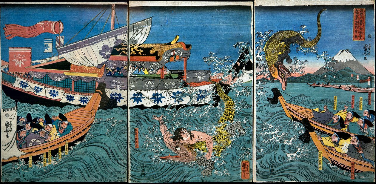 Asahina Yoshihides Kampf mit zwei Krokodilen im Meer vor Kamakura Kotsubo von Utagawa Kuniyoshi