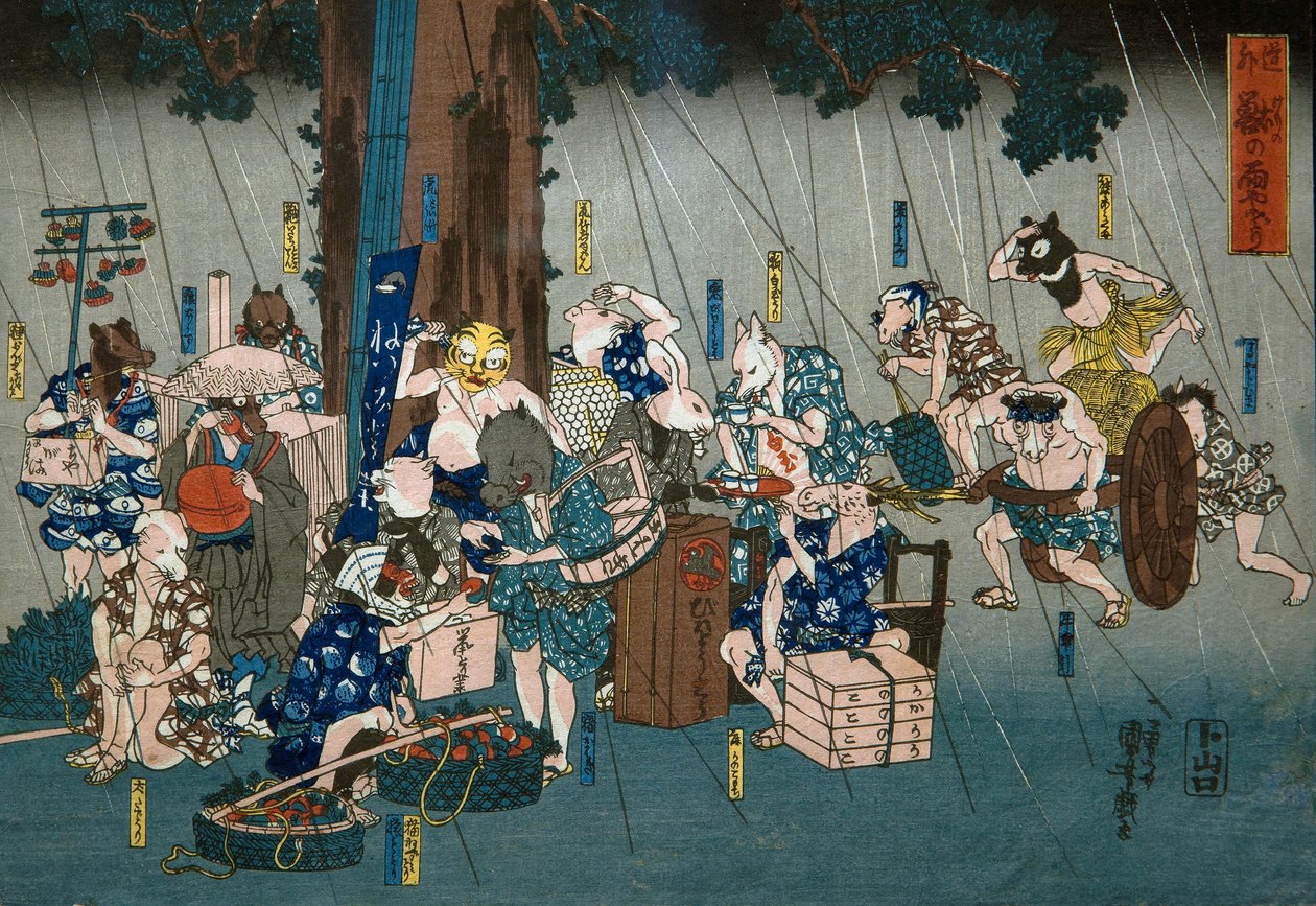 Komische Tiere suchen Schutz vor Regen (Dōke kemono no amayadori), ca. 1842 von Utagawa Kuniyoshi