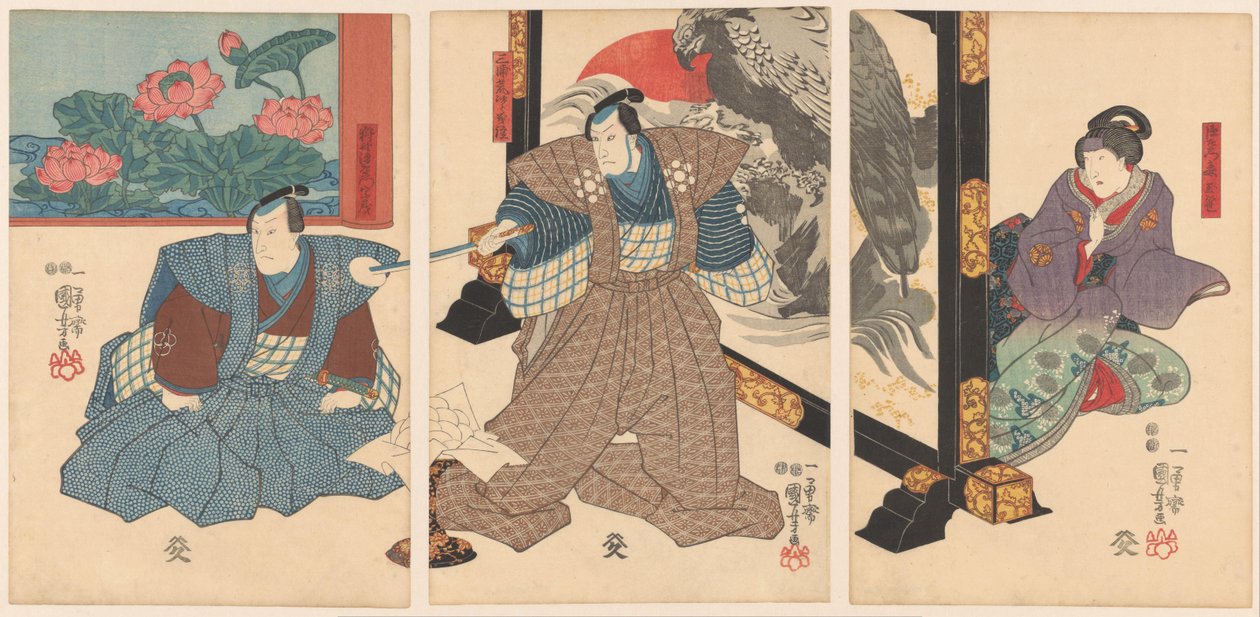 Drei Schauspieler bei einem Wandschirm von Utagawa Kuniyoshi