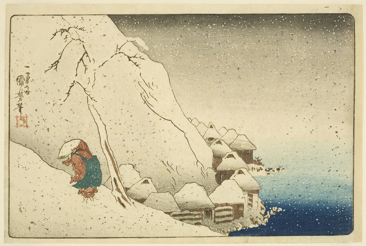 Nichiren im Schnee bei Tsukahara auf der Insel Sado (Farbholzschnitt) von Utagawa Kuniyoshi