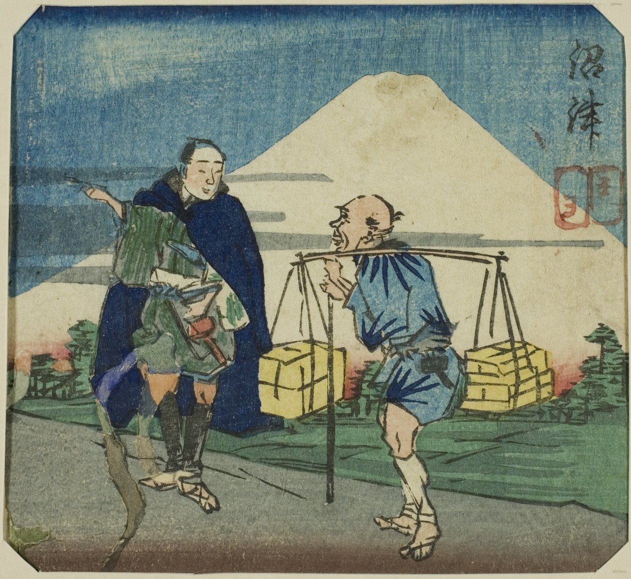 Numazu, Abschnitt eines Blattes aus der Serie "Ein Harimaze-Spiegel der Joruri-Spiele (Harimaze joruri kagami)" von Utagawa Kuniyoshi