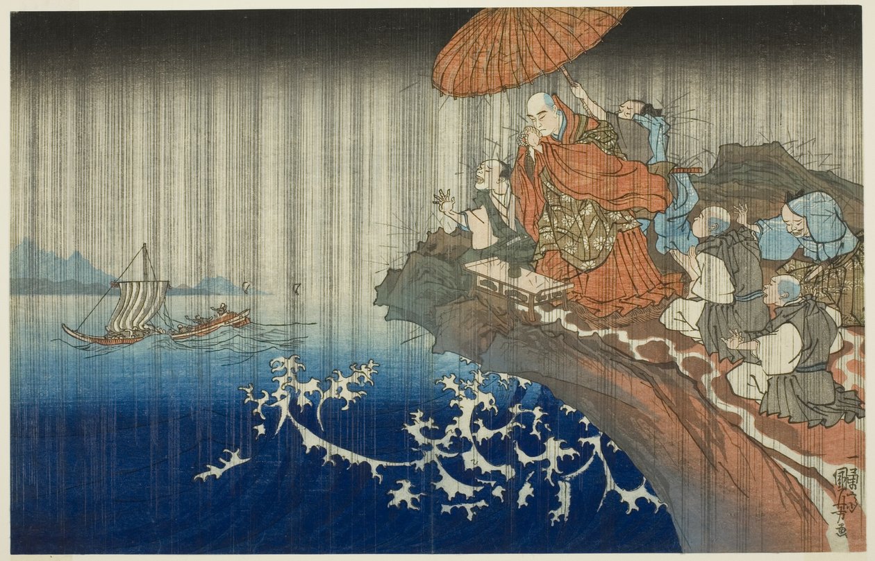 Gebet um Regen in Ryozengasaki in Kamakura, 1271, aus der Serie "Kompakte illustrierte Biografie des großen Priesters [Nichiren]" von Utagawa Kuniyoshi