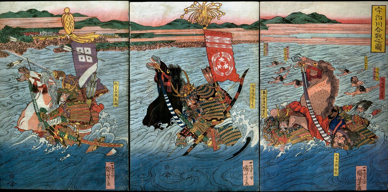 Die Schlacht am Uji-Fluss (Ujigawa kassen no zu), ca. 1831-32 von Utagawa Kuniyoshi